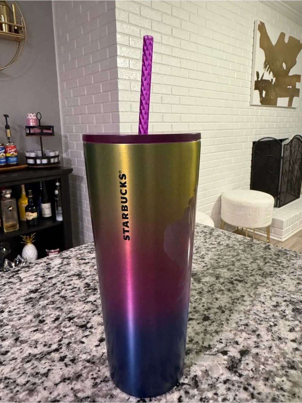 Starbucks Multicolor Iridescent Tumbler with Purple Lid and Straw